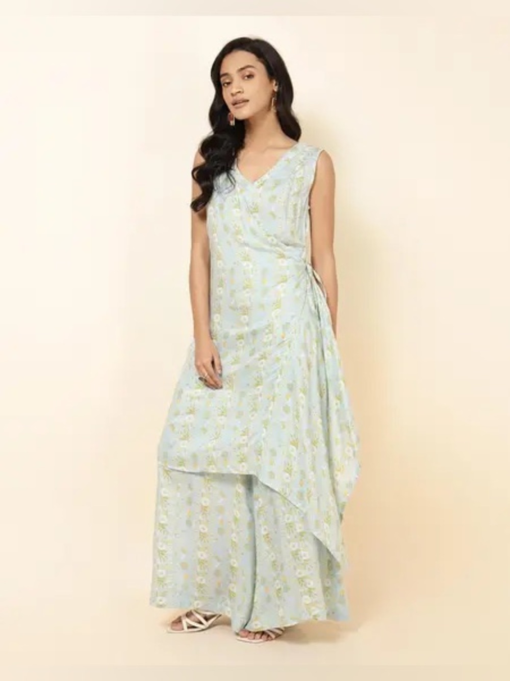 FabIndia S Pastel teal Floral Wrap Palazzo jumpsuit pantsuit 100% cotton